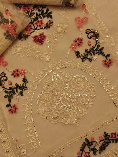 Brand: * Bareeze* Fabric: * Lawn * Status: Emb Code: 1684  Front Full Heavy EMB with center organza panel  Sleeves light weight EMB Back light weight EMB Trouser Plain